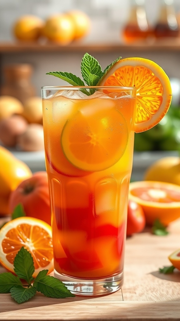 A glass of colorful fruit juice with ice, garnished with an orange slice and mint, surrounded by fresh fruits.